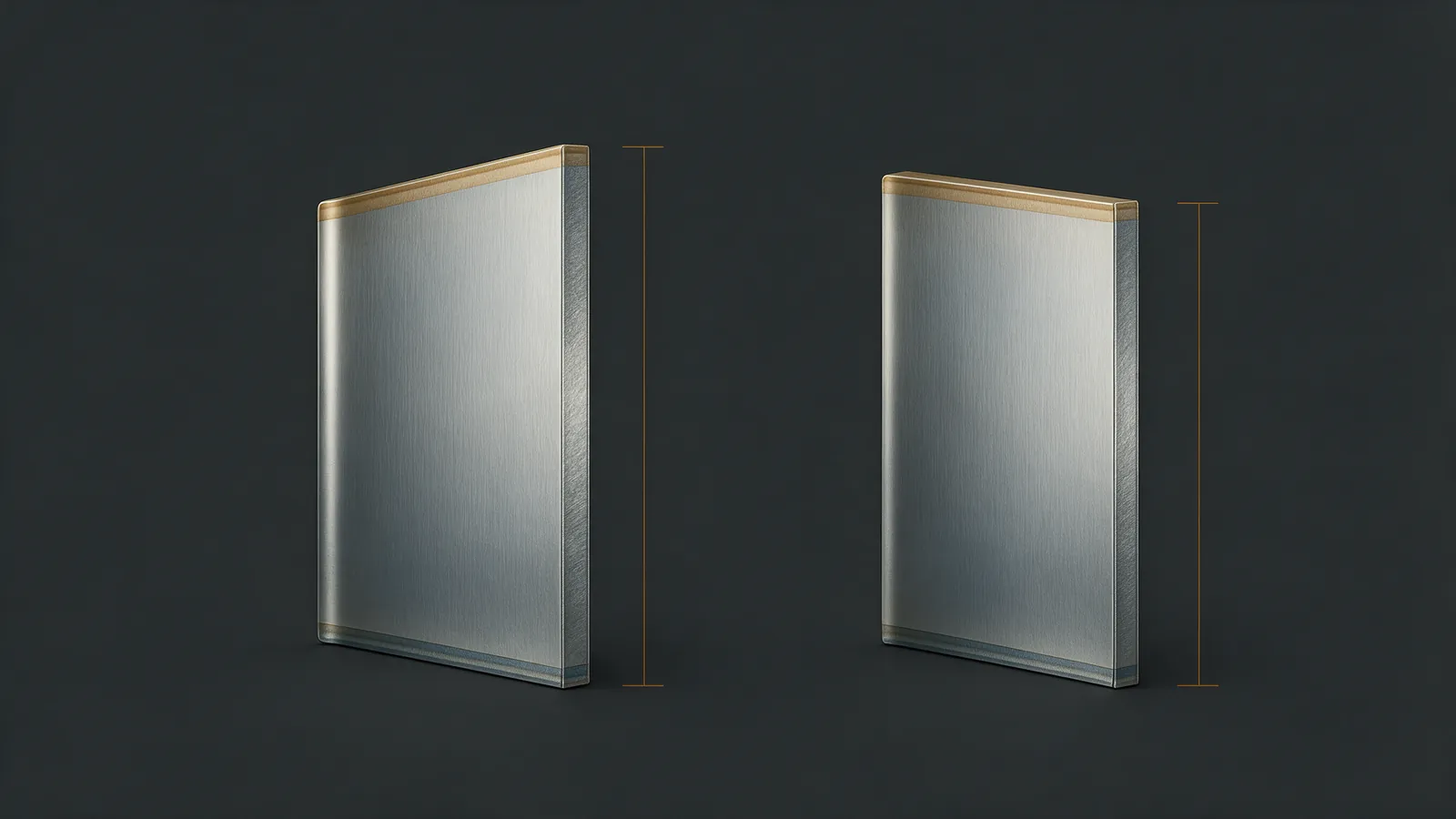 Two steel can wall sections side by side, the left thicker than the right