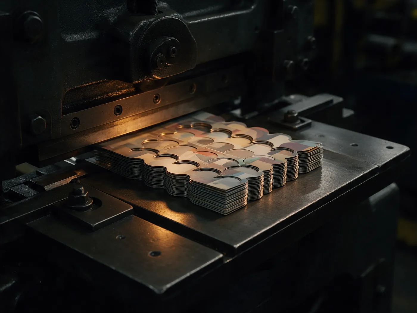 A printed tinplate sheet cut into scroll strips with clean, burr-free edges, stacked on the outfeed table of a shear